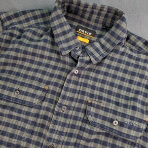 Orvis Mens Active Fit Plaid Flannel Shirt Button Up L Blue Green